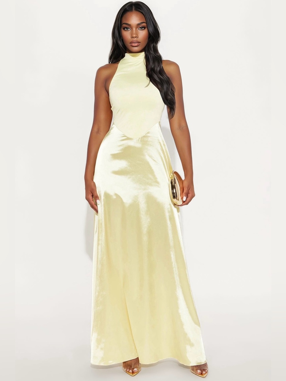 Fashion Nova Pale Yellow Halter Satin Maxi Dress